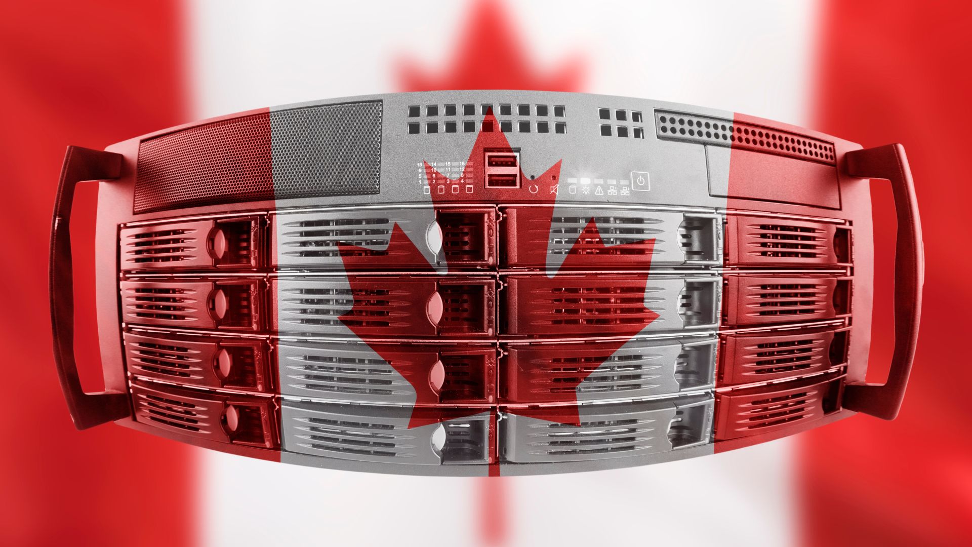 Canadian flag with web servers in the background